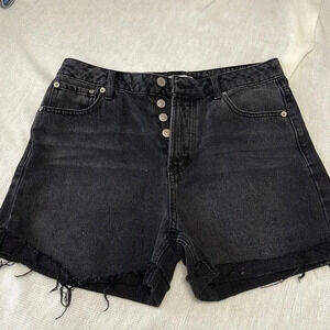 FOREVER 21 black denim button fly high rise shorts distressing sz 28